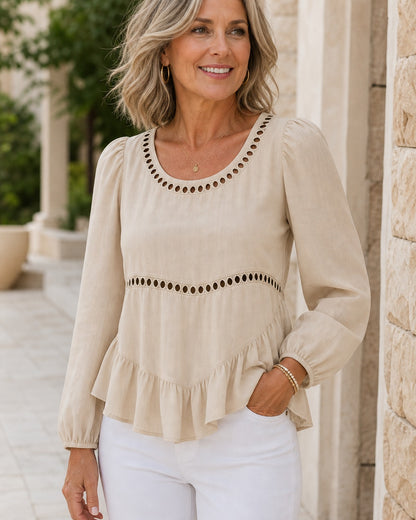 Women's Eyelet Trim Peplum Blouse