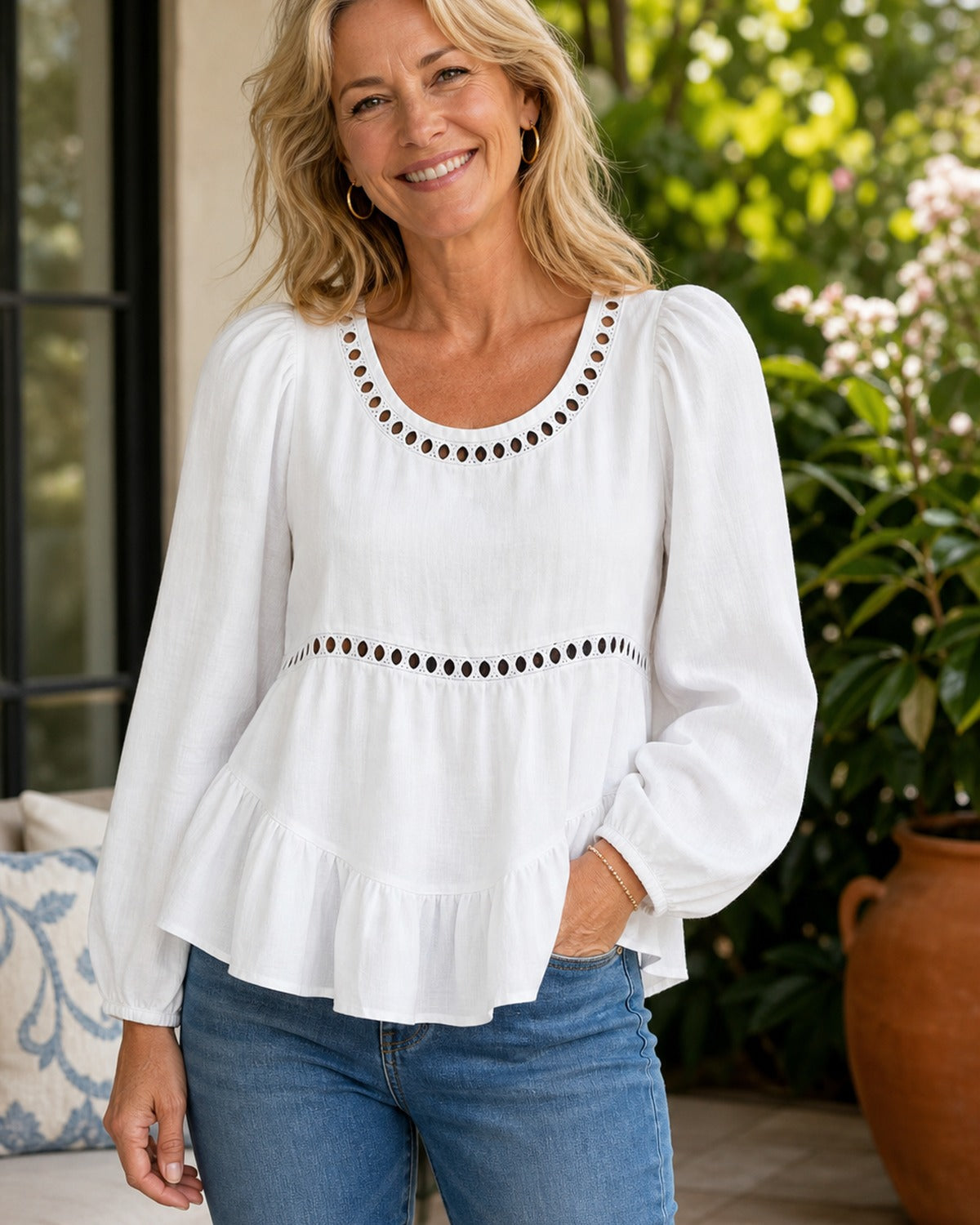 Women's Eyelet Trim Peplum Blouse