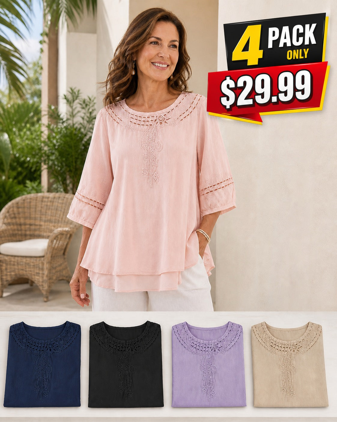Women's Lightweight Embroidered Tunic Blouse