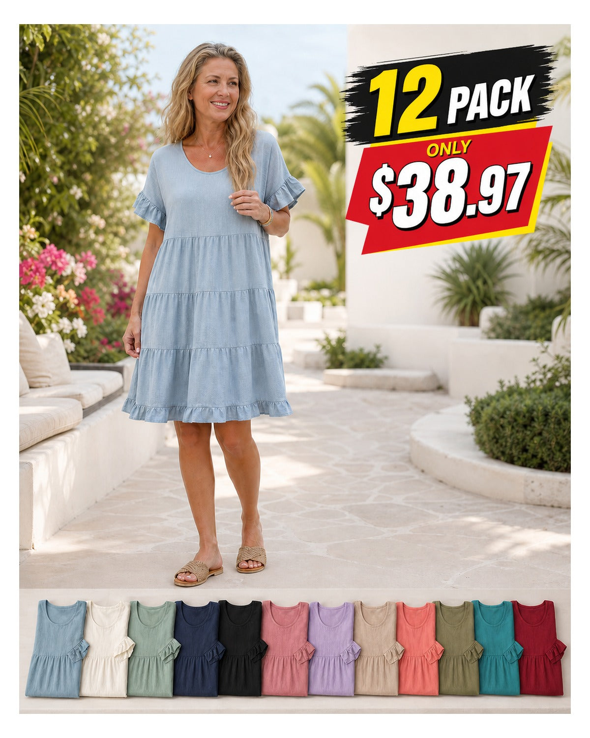 Women's Relaxed Tiered Ruffle Sleeve Summer Dress