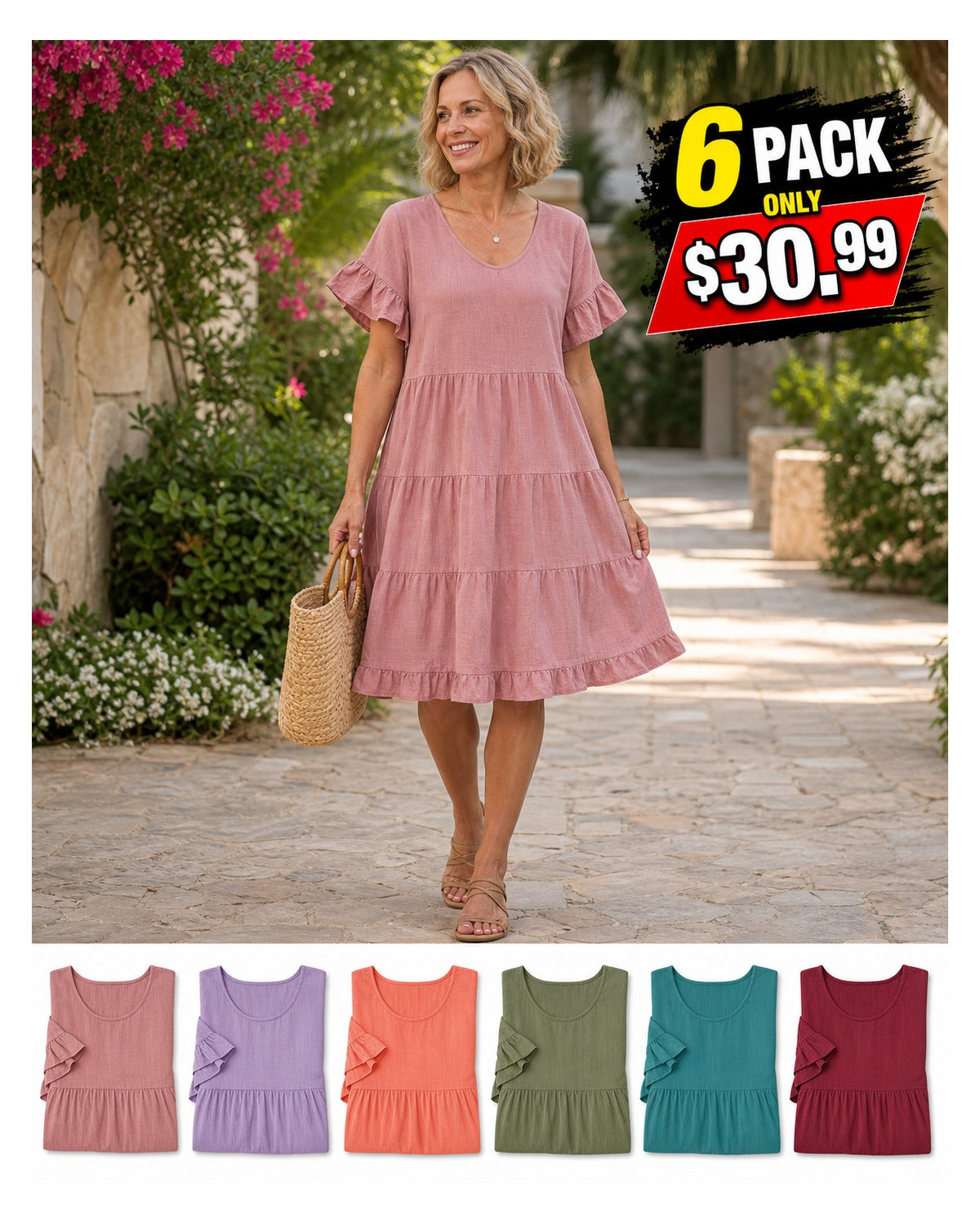 Women's Relaxed Tiered Ruffle Sleeve Summer Dress