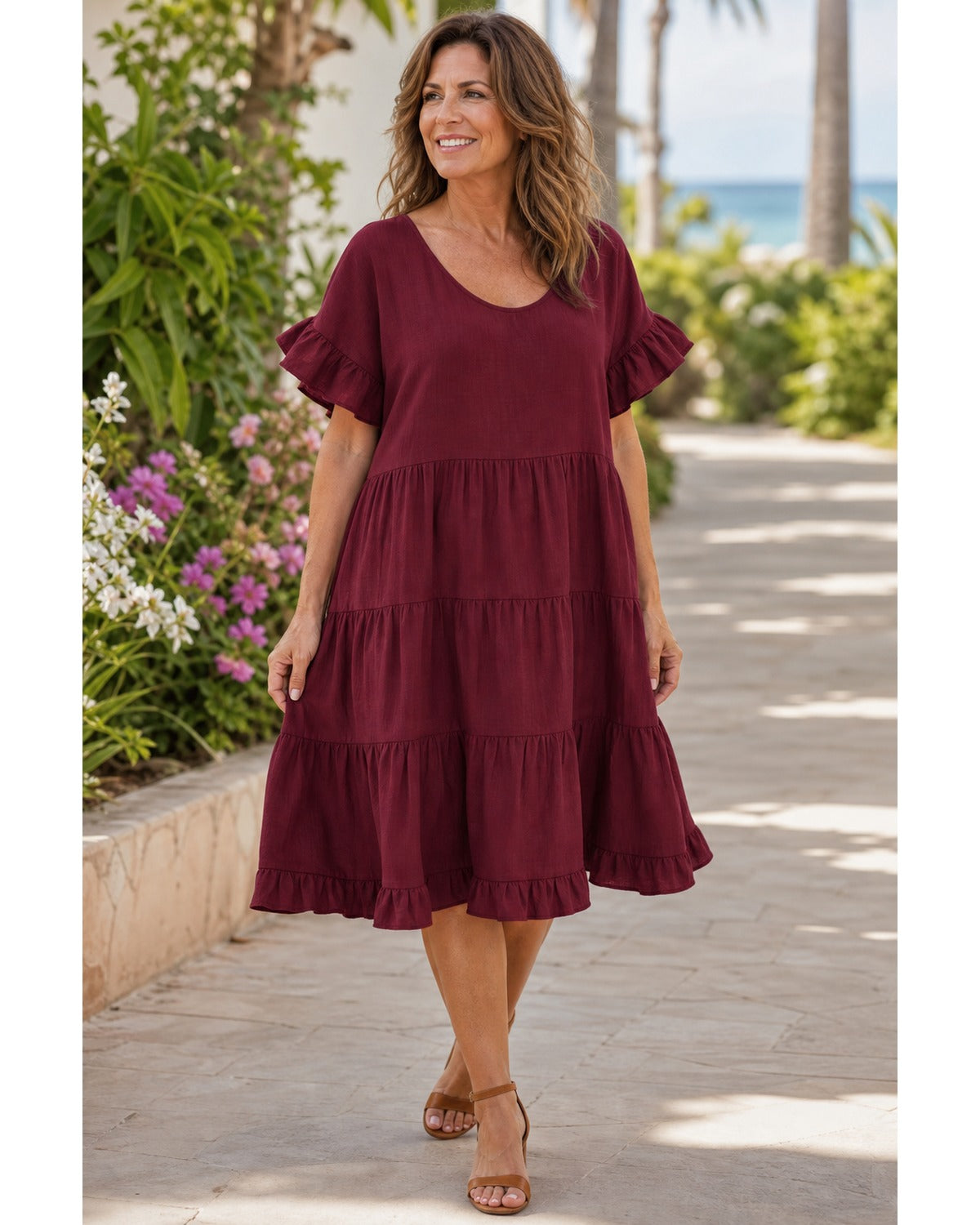 Women's Relaxed Tiered Ruffle Sleeve Summer Dress