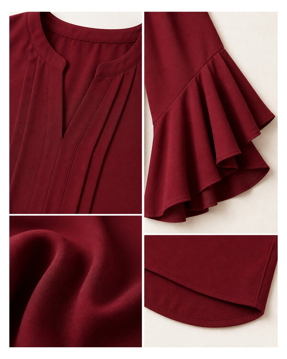 Women's Pleated V-Neck Ruffle Sleeve Blouse