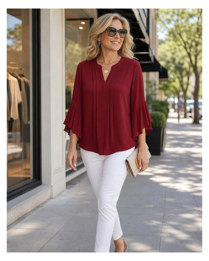 Women's Pleated V-Neck Ruffle Sleeve Blouse