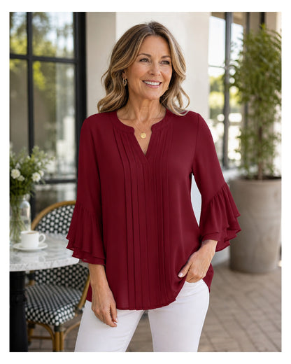 Women's Pleated V-Neck Ruffle Sleeve Blouse