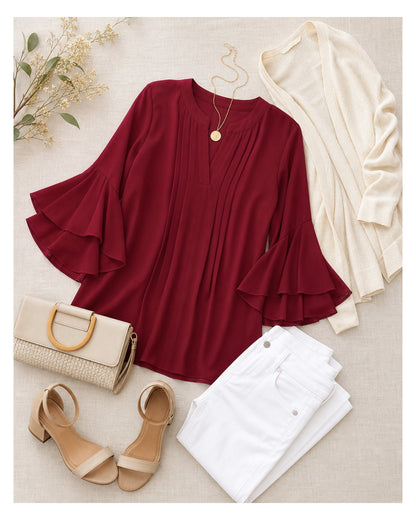 Women's Pleated V-Neck Ruffle Sleeve Blouse