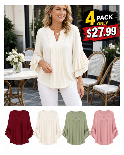 Women's Pleated V-Neck Ruffle Sleeve Blouse