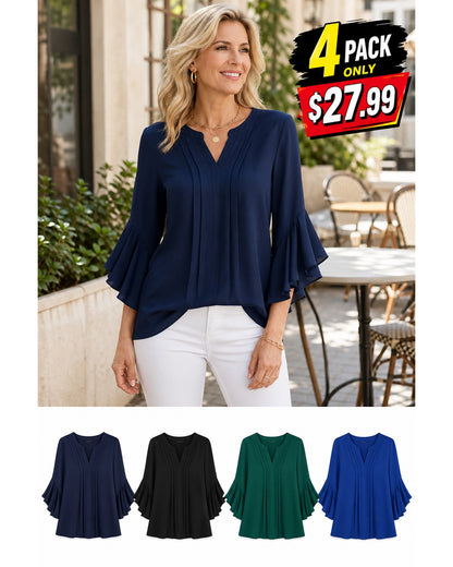 Women's Pleated V-Neck Ruffle Sleeve Blouse