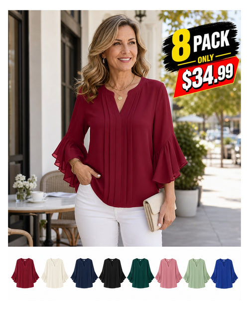 Women's Pleated V-Neck Ruffle Sleeve Blouse