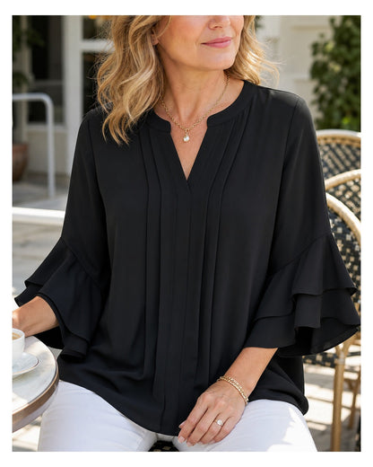 Women's Pleated V-Neck Ruffle Sleeve Blouse