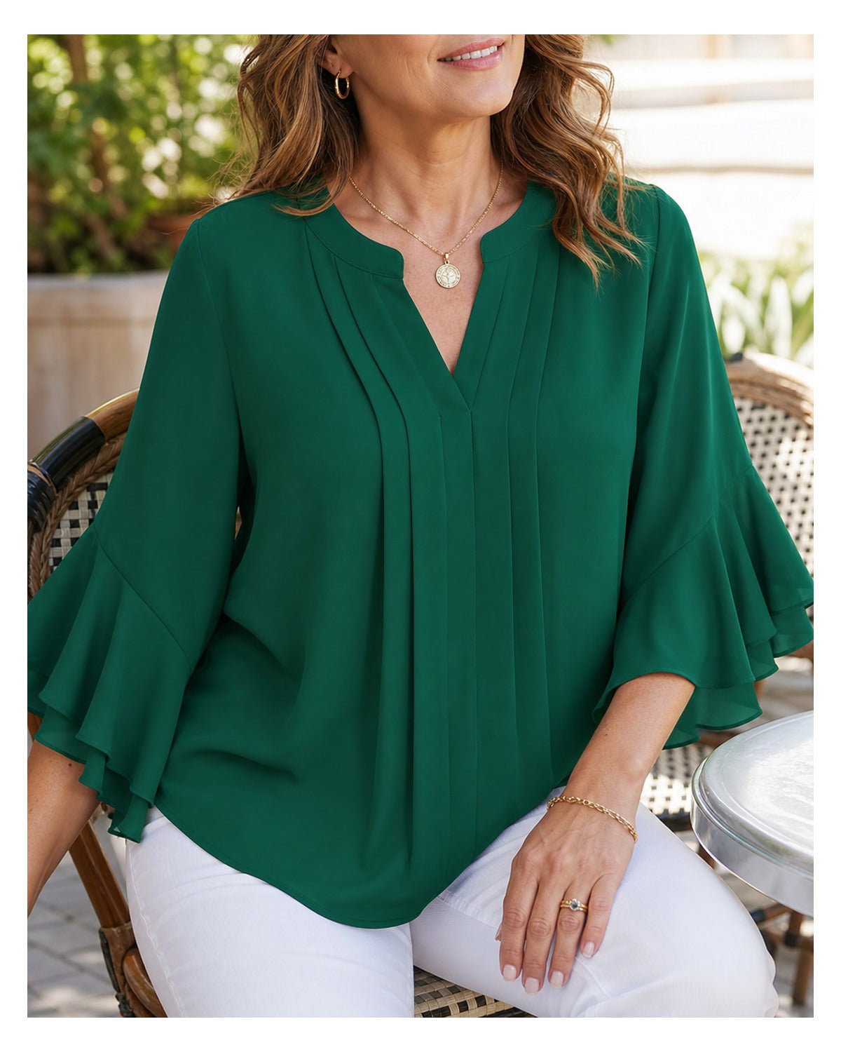 Women's Pleated V-Neck Ruffle Sleeve Blouse