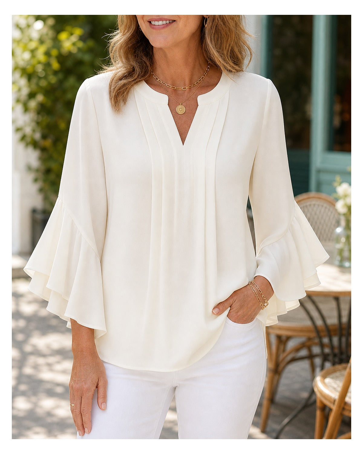 Women's Pleated V-Neck Ruffle Sleeve Blouse