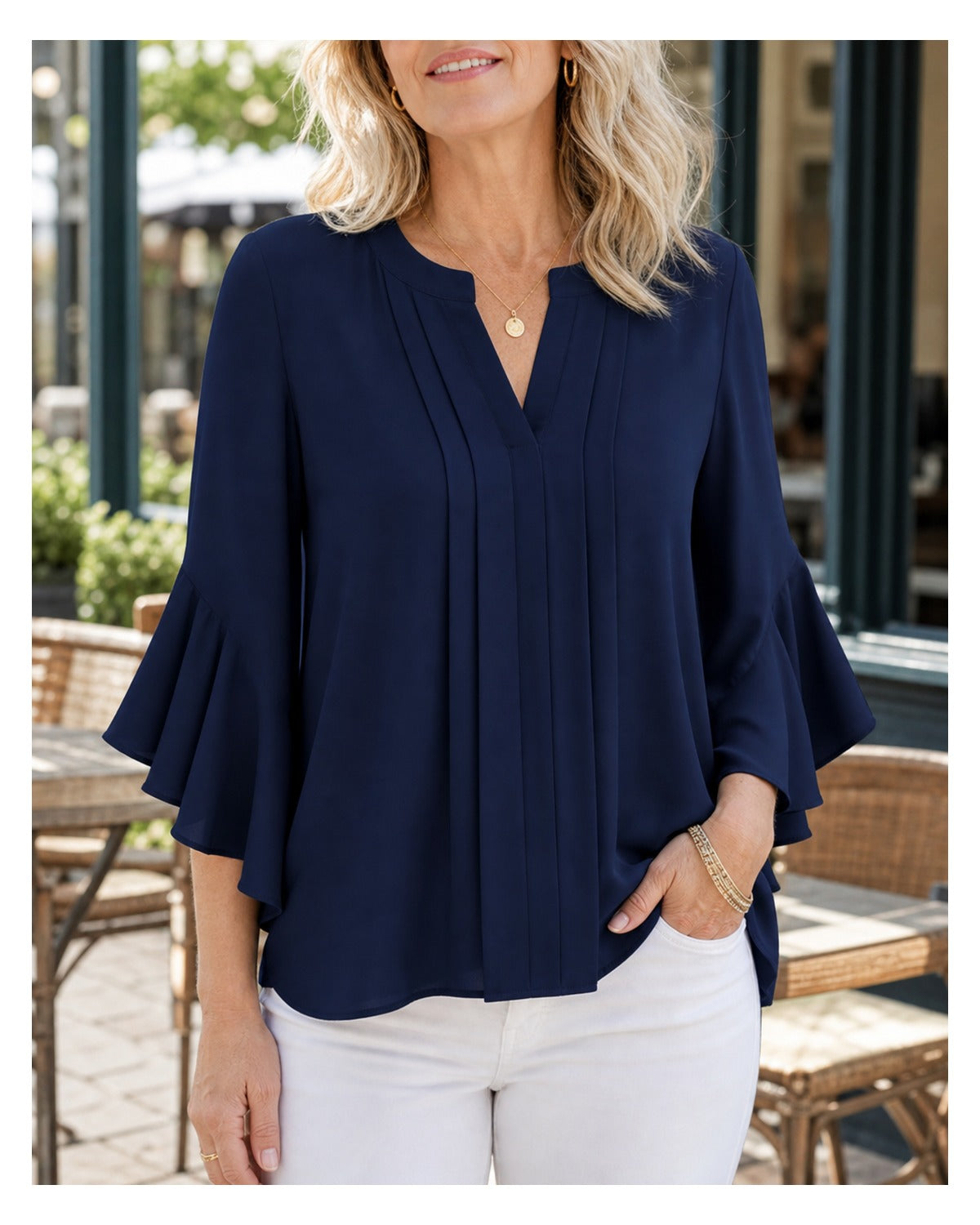 Women's Pleated V-Neck Ruffle Sleeve Blouse