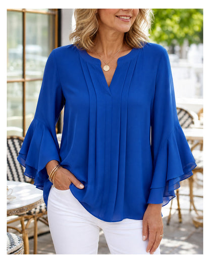 Women's Pleated V-Neck Ruffle Sleeve Blouse