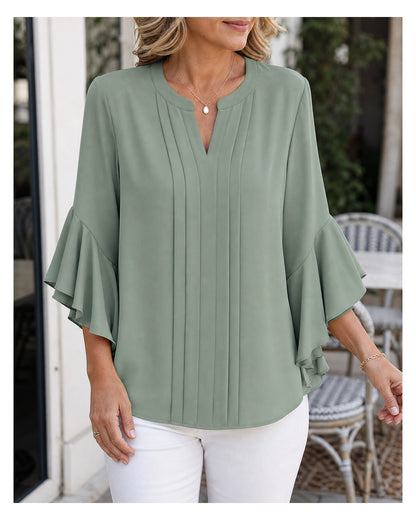 Women's Pleated V-Neck Ruffle Sleeve Blouse