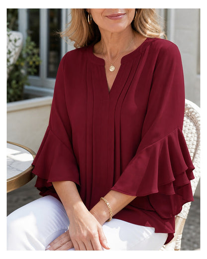 Women's Pleated V-Neck Ruffle Sleeve Blouse