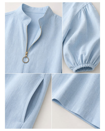 Women's Cotton-Linen Stand Collar Balloon Sleeve Dress