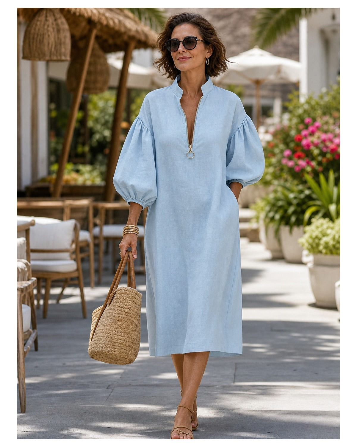 Women's Cotton-Linen Stand Collar Balloon Sleeve Dress