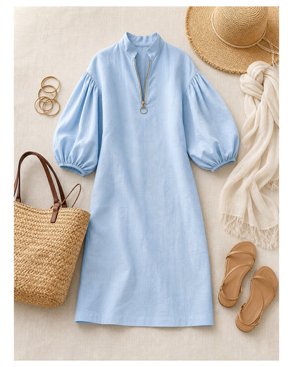Women's Cotton-Linen Stand Collar Balloon Sleeve Dress