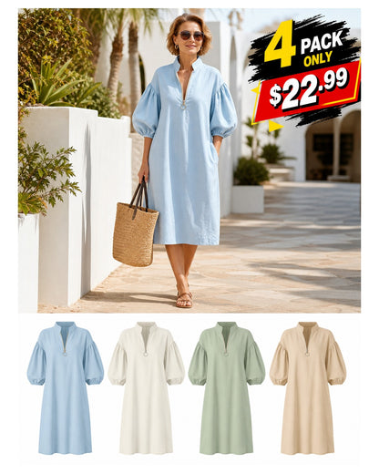 Women's Cotton-Linen Stand Collar Balloon Sleeve Dress