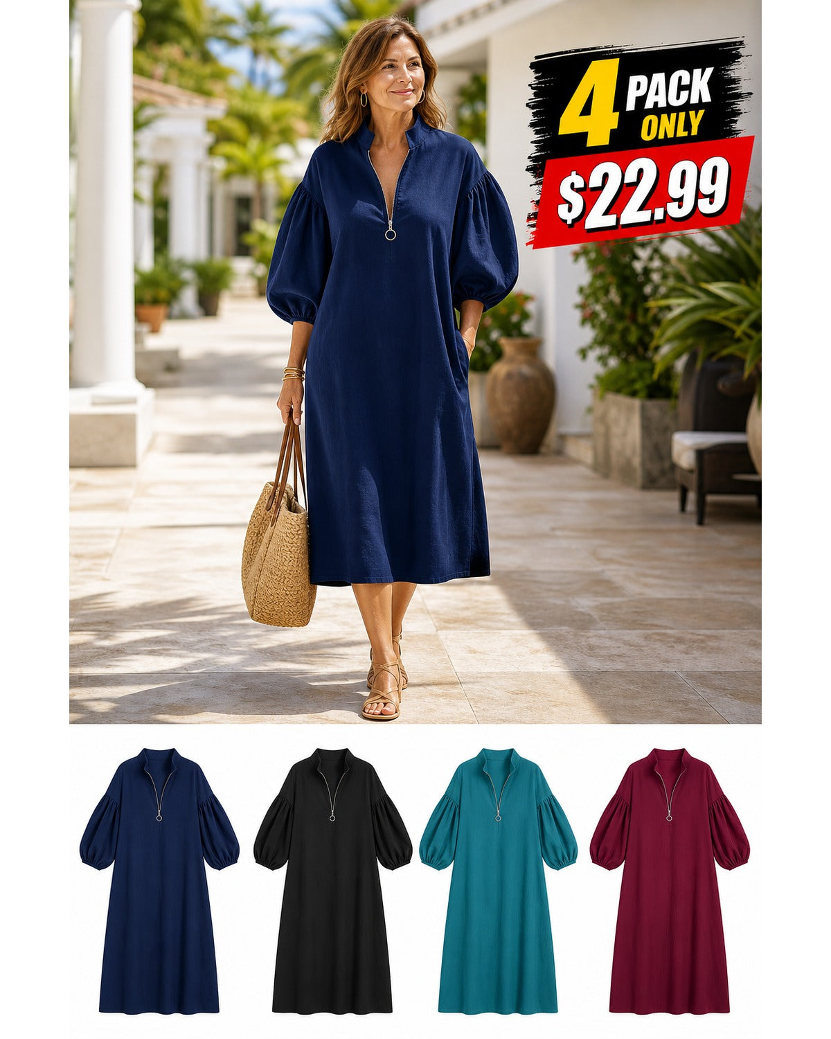Women's Cotton-Linen Stand Collar Balloon Sleeve Dress