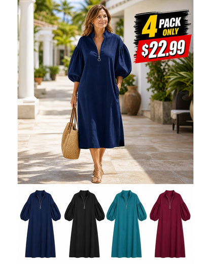 Women's Cotton-Linen Stand Collar Balloon Sleeve Dress