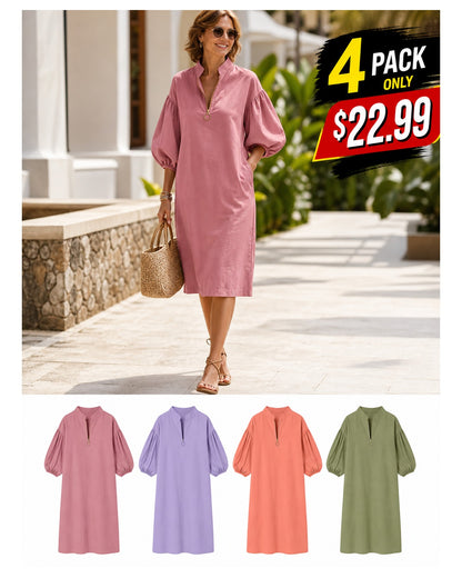 Women's Cotton-Linen Stand Collar Balloon Sleeve Dress