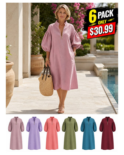 Women's Cotton-Linen Stand Collar Balloon Sleeve Dress