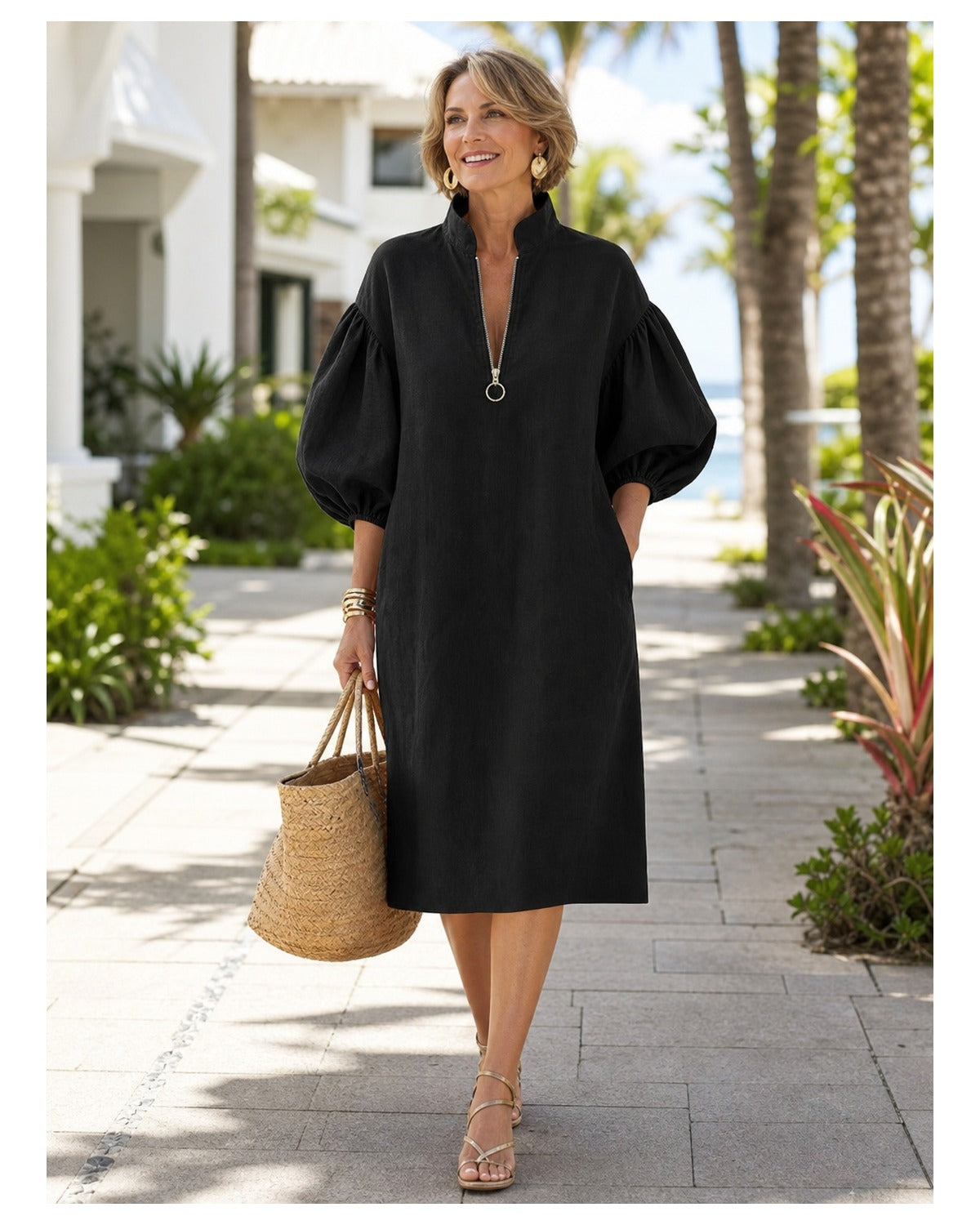 Women's Cotton-Linen Stand Collar Balloon Sleeve Dress