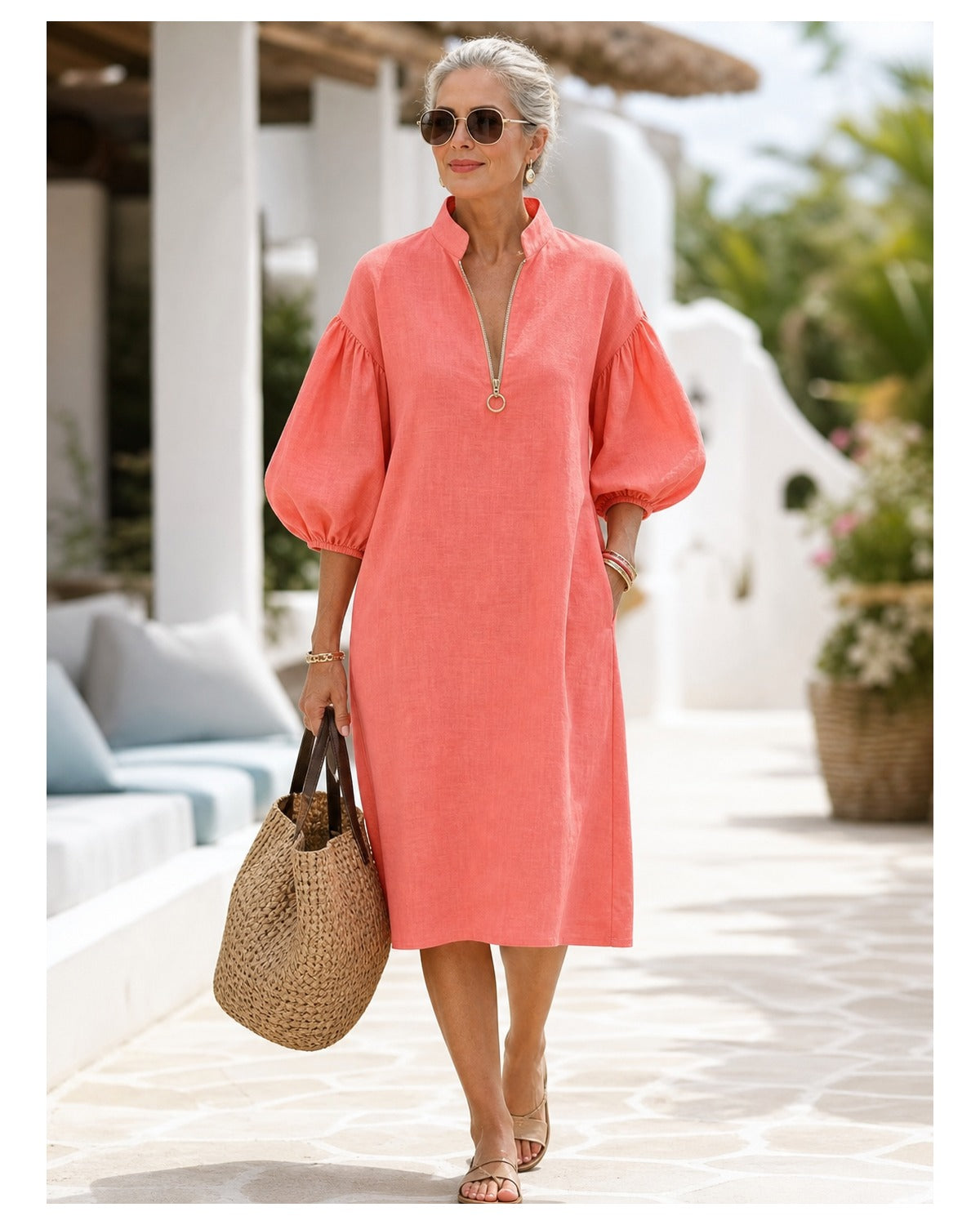 Women's Cotton-Linen Stand Collar Balloon Sleeve Dress