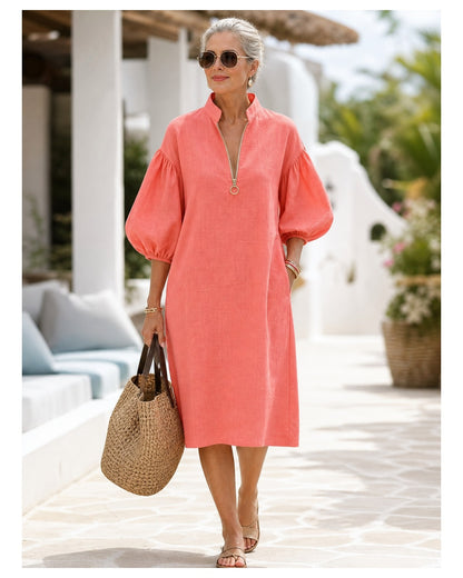 Women's Cotton-Linen Stand Collar Balloon Sleeve Dress