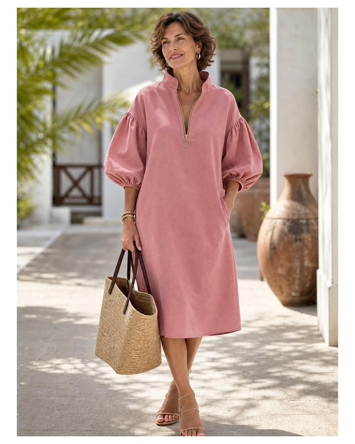 Women's Cotton-Linen Stand Collar Balloon Sleeve Dress