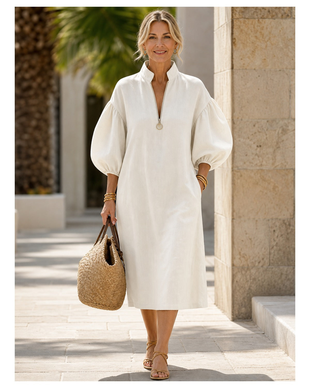 Women's Cotton-Linen Stand Collar Balloon Sleeve Dress