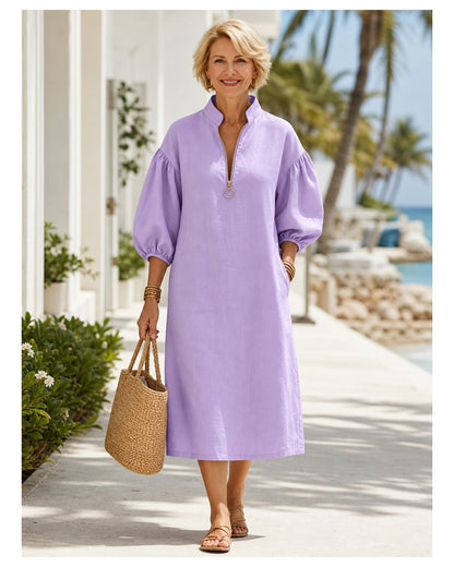 Women's Cotton-Linen Stand Collar Balloon Sleeve Dress