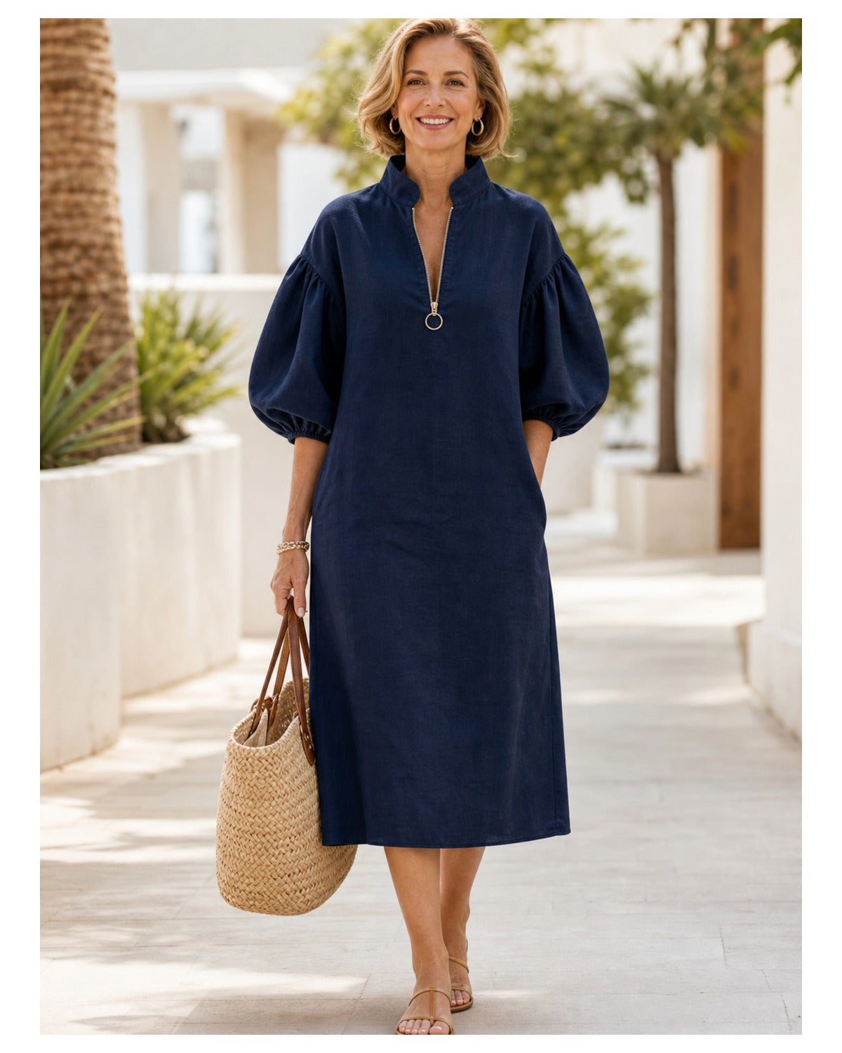 Women's Cotton-Linen Stand Collar Balloon Sleeve Dress