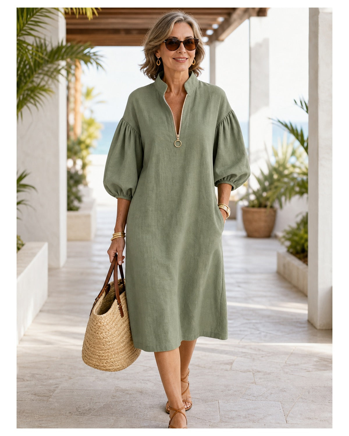 Women's Cotton-Linen Stand Collar Balloon Sleeve Dress