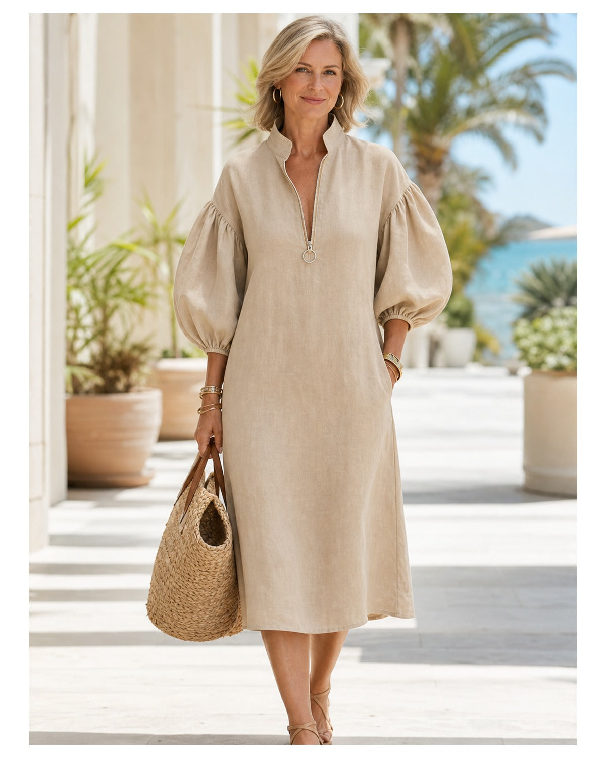 Women's Cotton-Linen Stand Collar Balloon Sleeve Dress