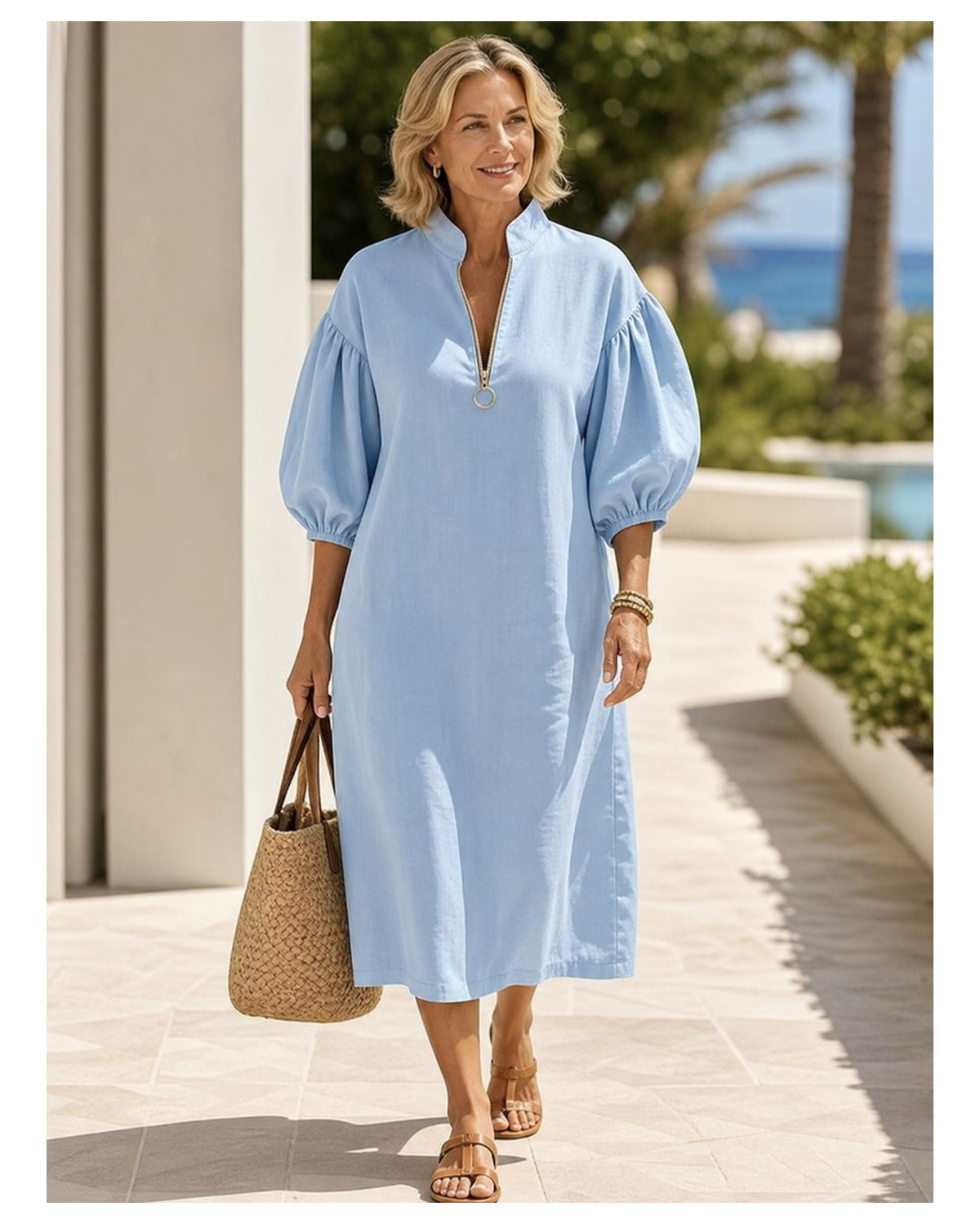 Women's Cotton-Linen Stand Collar Balloon Sleeve Dress