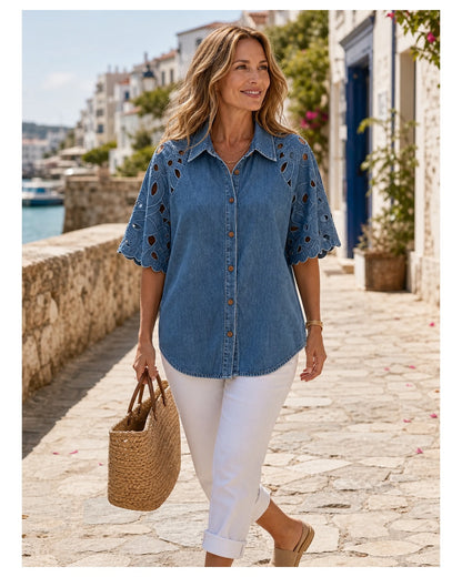 Women's Eyelet Embroidered Sleeve Relaxed Denim Shirt