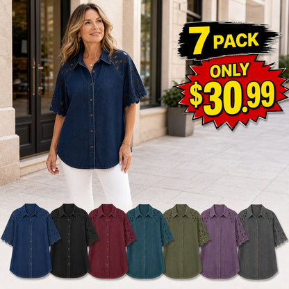 Women's Eyelet Embroidered Sleeve Relaxed Denim Shirt
