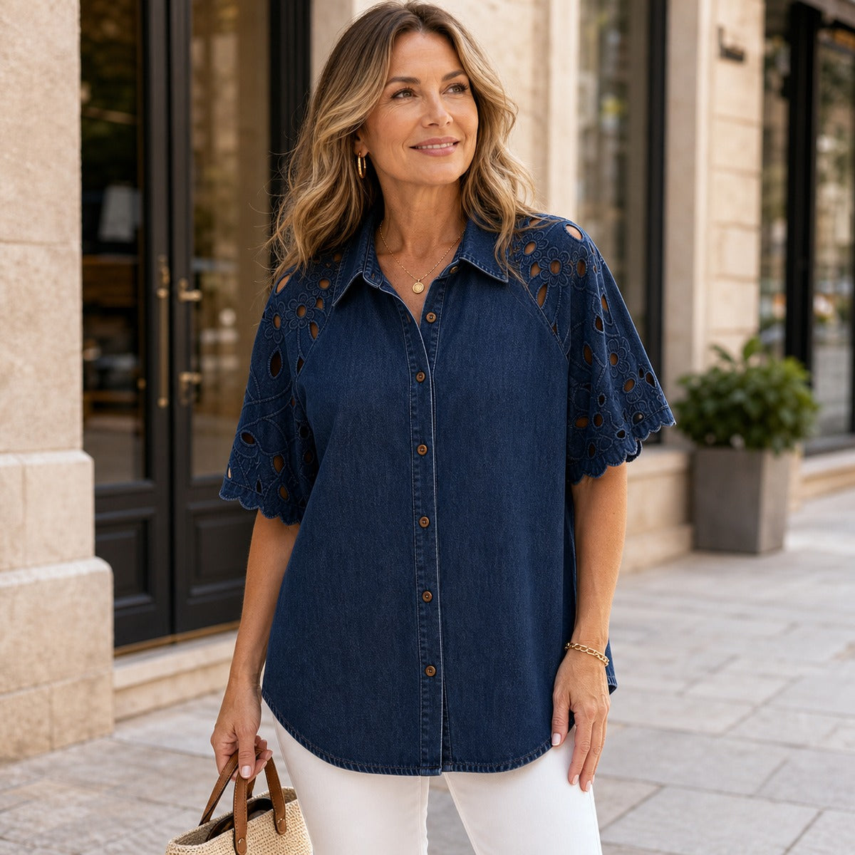 Women's Eyelet Embroidered Sleeve Relaxed Denim Shirt
