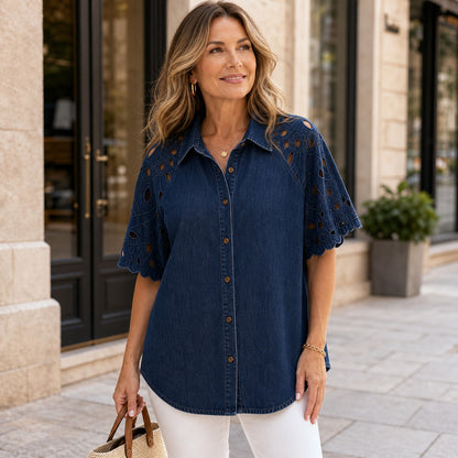 Women's Eyelet Embroidered Sleeve Relaxed Denim Shirt