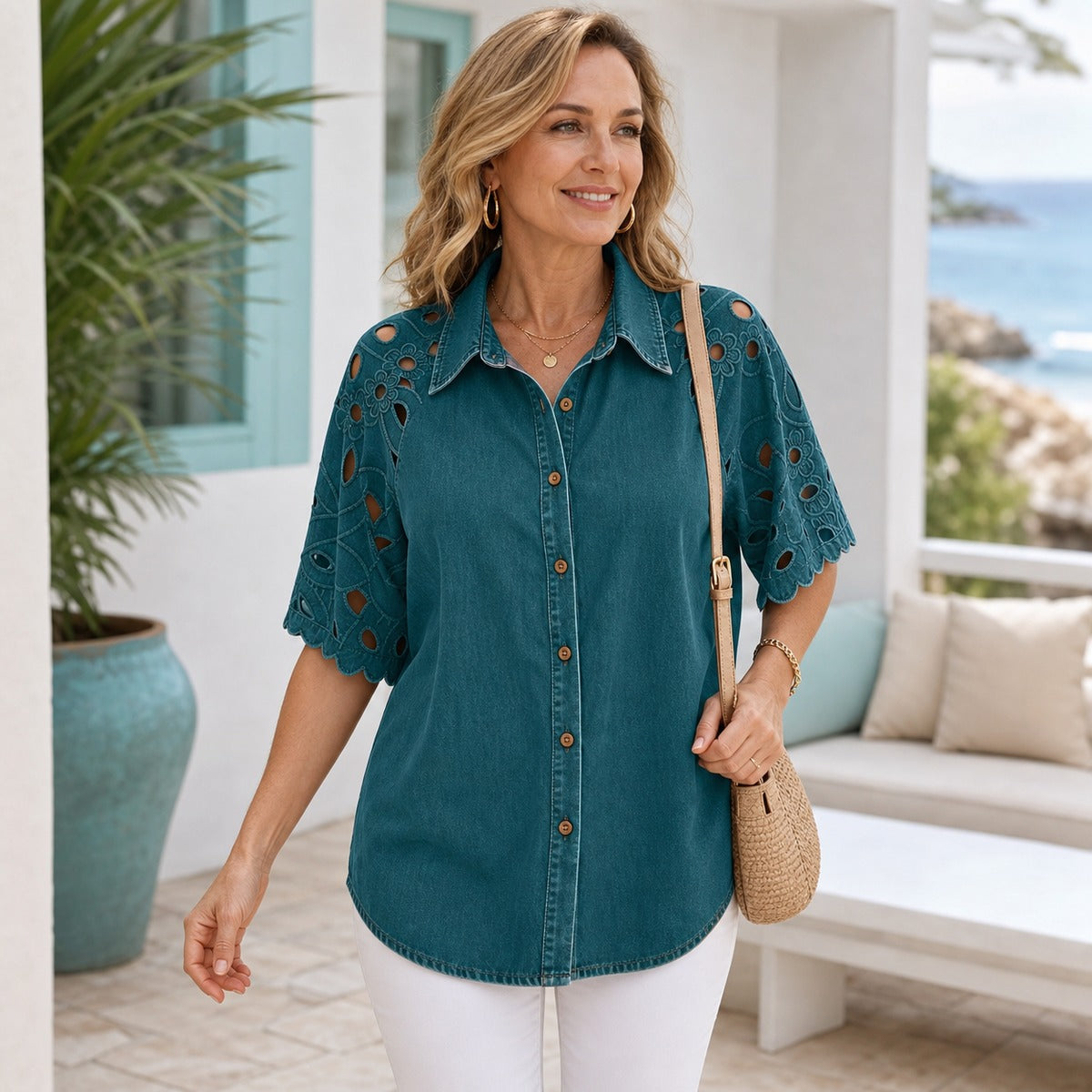 Women's Eyelet Embroidered Sleeve Relaxed Denim Shirt