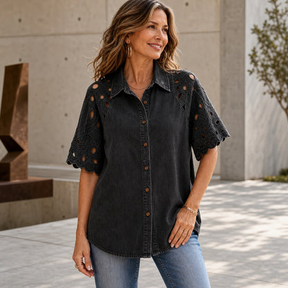 Women's Eyelet Embroidered Sleeve Relaxed Denim Shirt