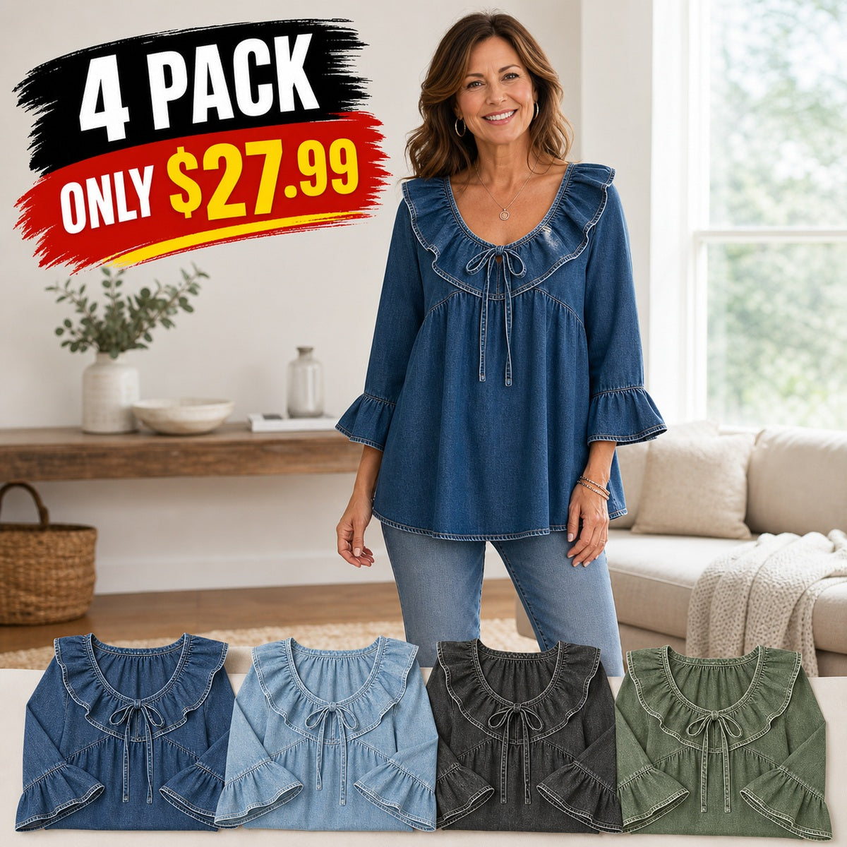 Women's Ruffle Tie-Front Denim Blouse