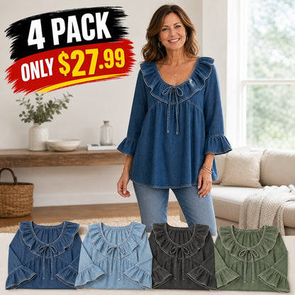 Women's Ruffle Tie-Front Denim Blouse