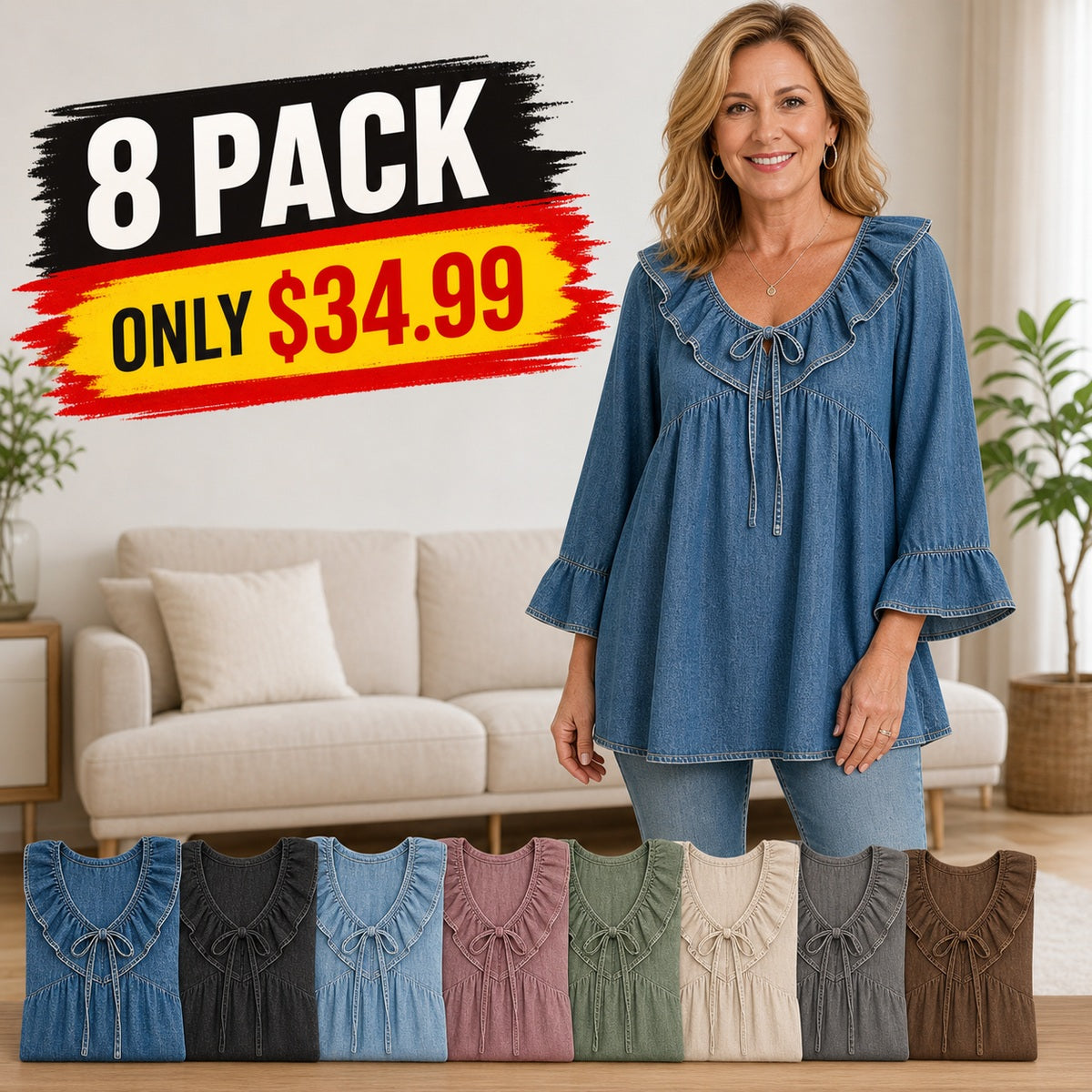 Women's Ruffle Tie-Front Denim Blouse