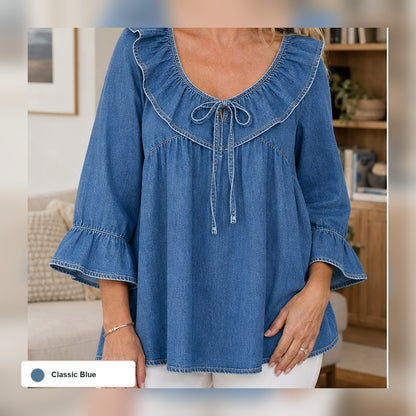 Women's Ruffle Tie-Front Denim Blouse