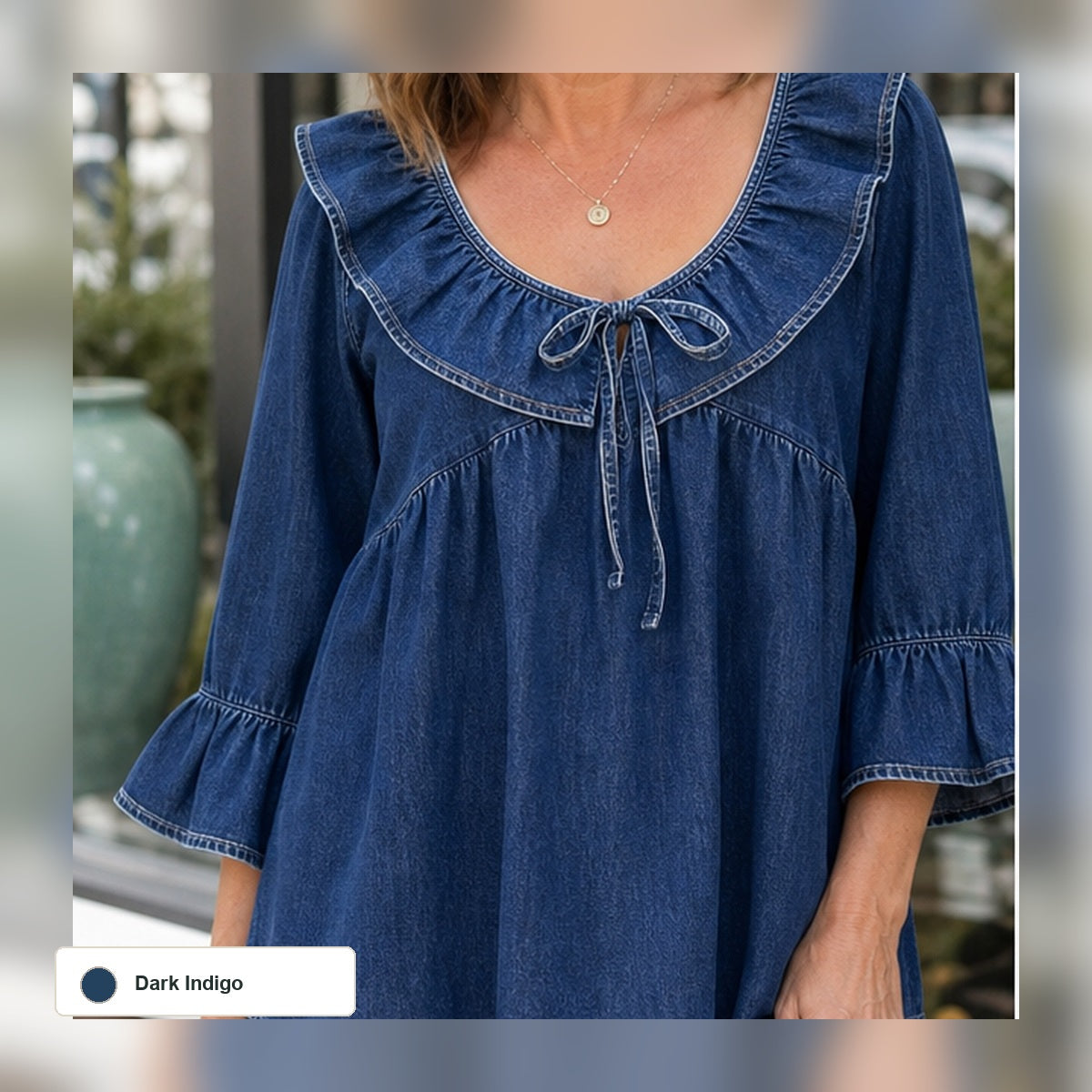 Women's Ruffle Tie-Front Denim Blouse