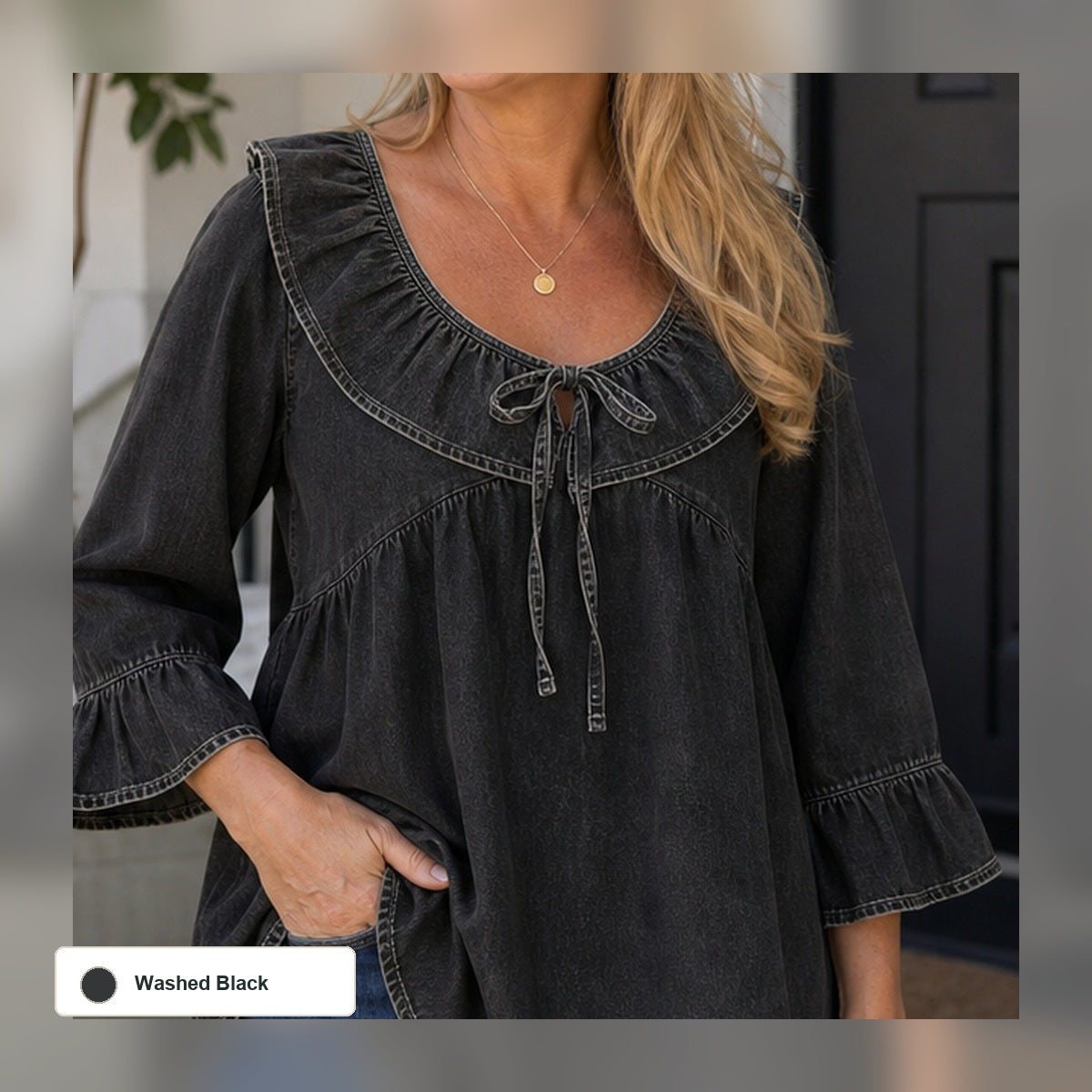 Women's Ruffle Tie-Front Denim Blouse